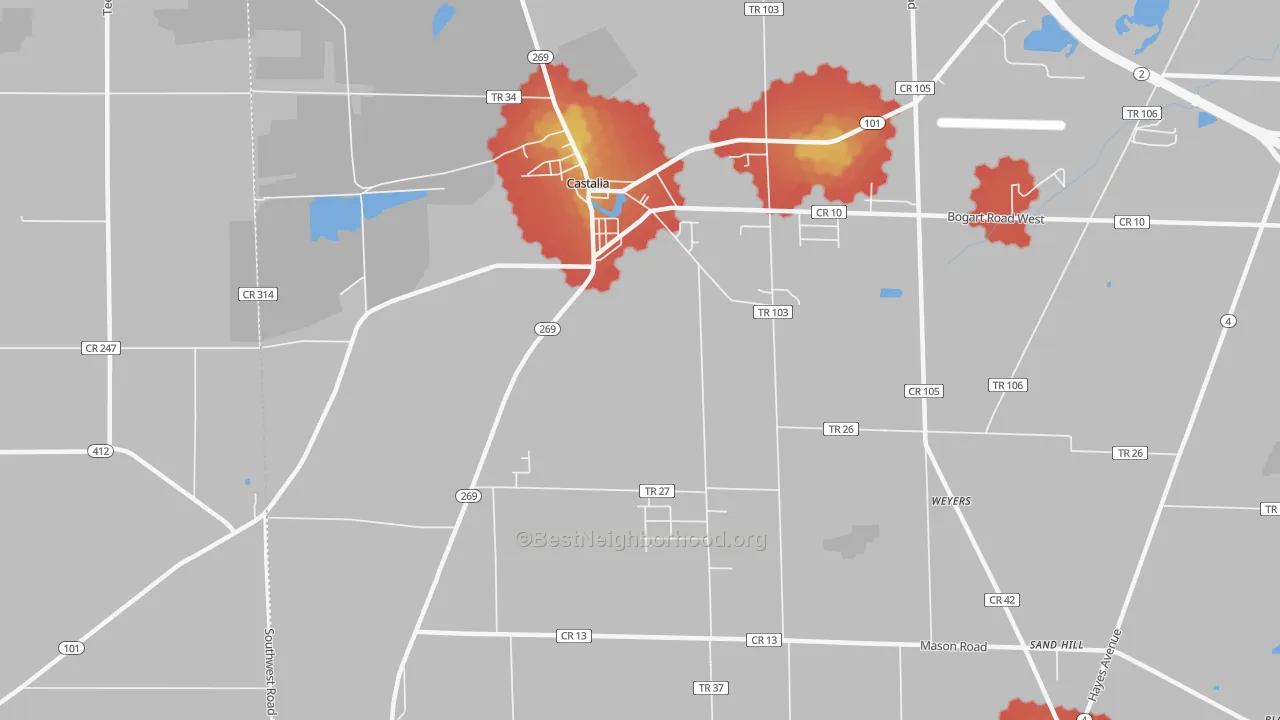 Walk Grade map of 44824, OH, walkable areas in green and car-dependent areas in red
