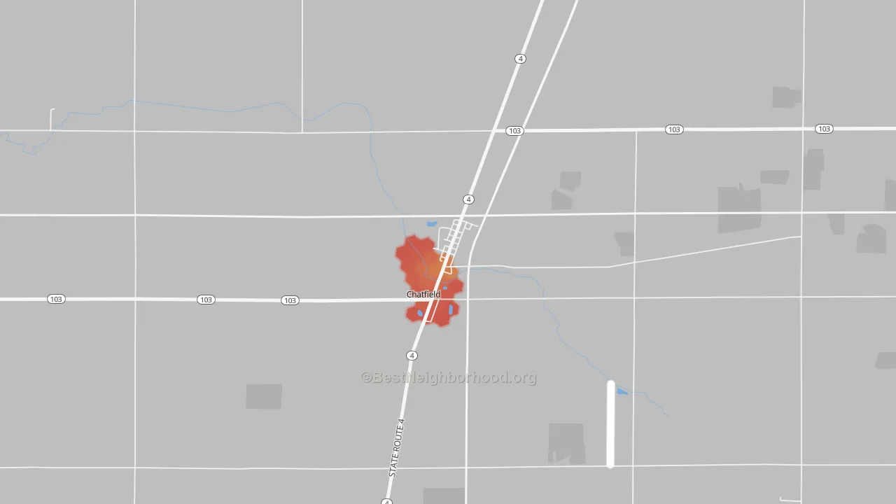 Walk Grade map of 44825, OH, walkable areas in green and car-dependent areas in red