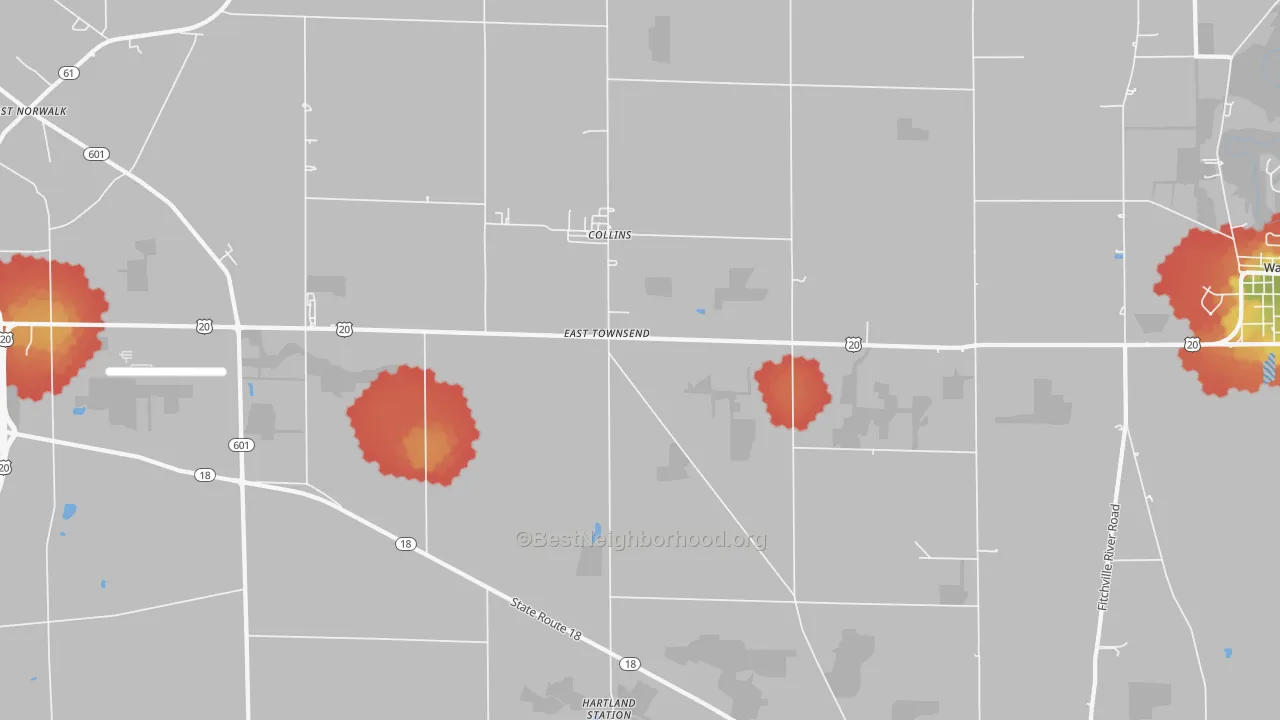 Walk Grade map of 44826, OH, walkable areas in green and car-dependent areas in red