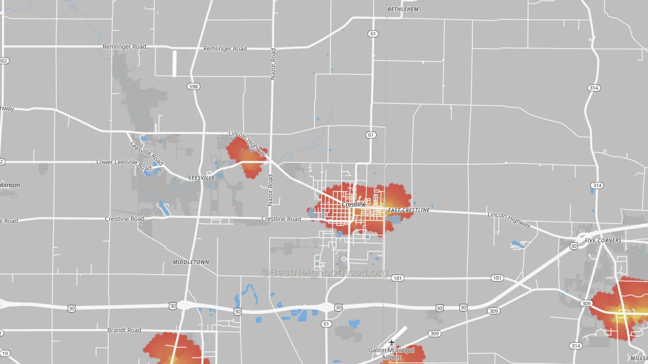 Walk Grade map of 44827, OH, walkable areas in green and car-dependent areas in red