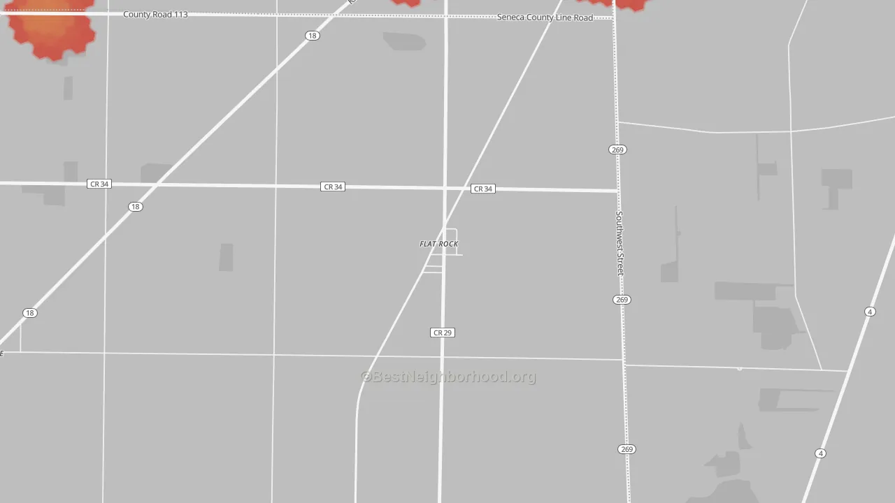 Walk Grade map of 44828, OH, walkable areas in green and car-dependent areas in red