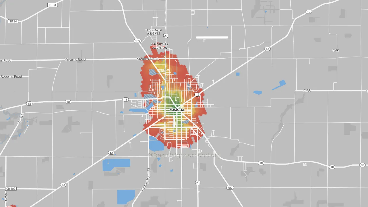 Walk Grade map of 44830, OH, walkable areas in green and car-dependent areas in red