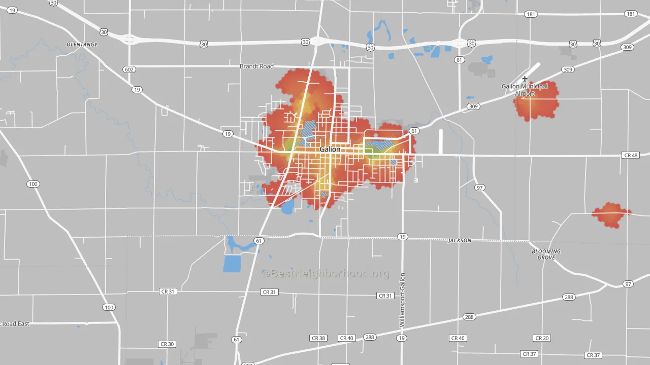 Walk Grade map of 44833, OH, walkable areas in green and car-dependent areas in red
