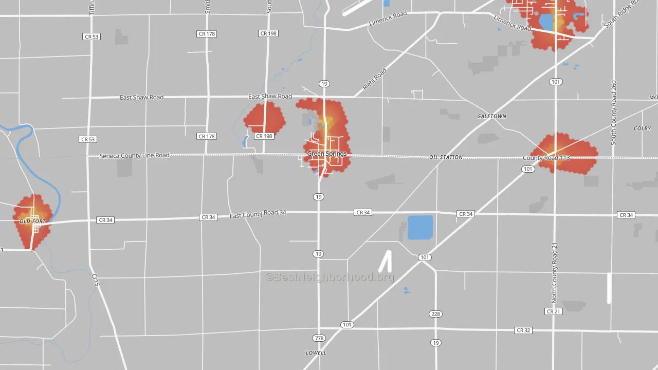 Walk Grade map of 44836, OH, walkable areas in green and car-dependent areas in red