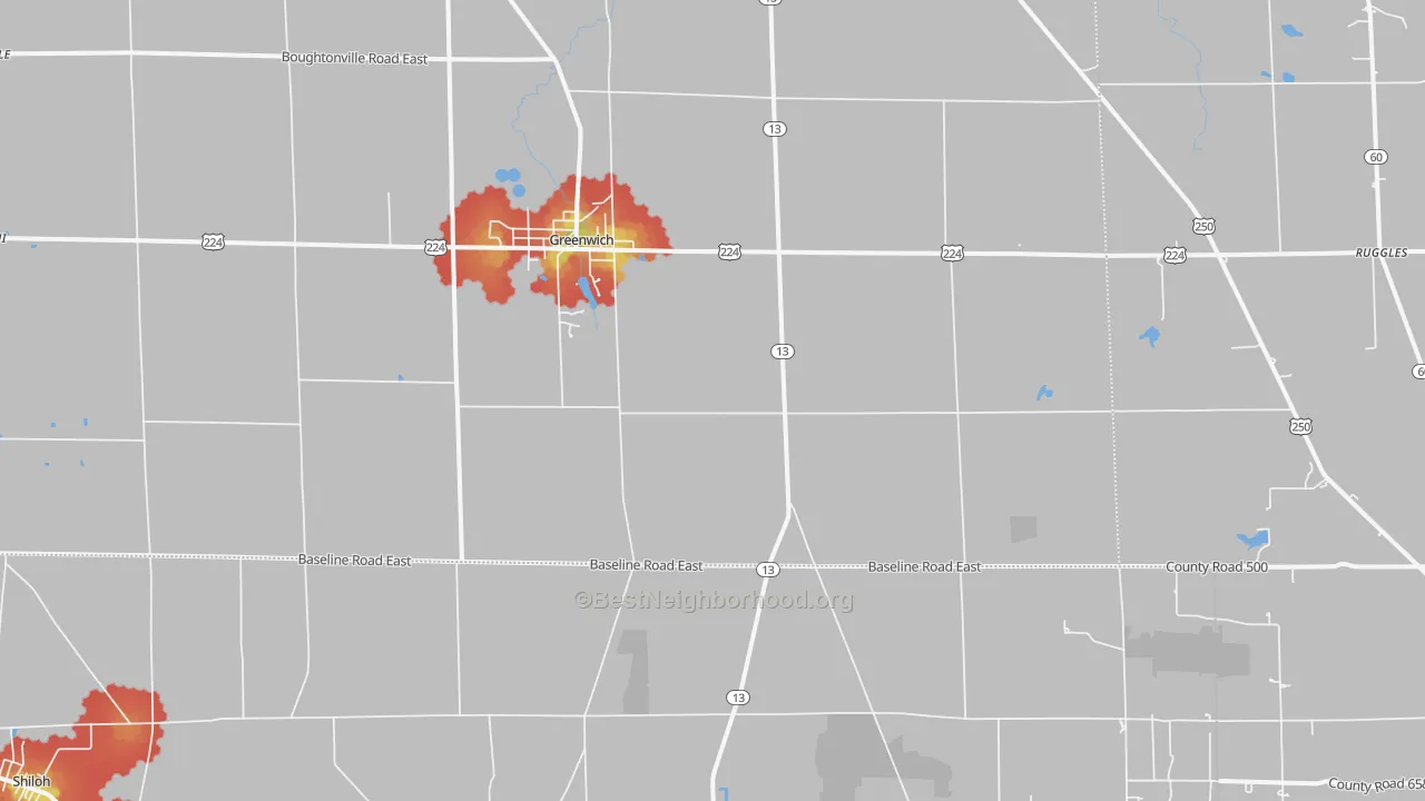 Walk Grade map of 44837, OH, walkable areas in green and car-dependent areas in red