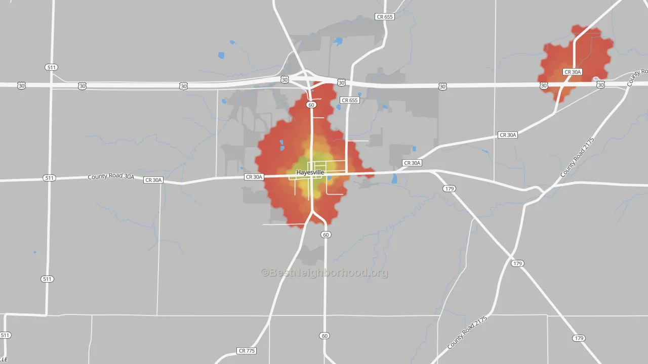 Walk Grade map of 44838, OH, walkable areas in green and car-dependent areas in red
