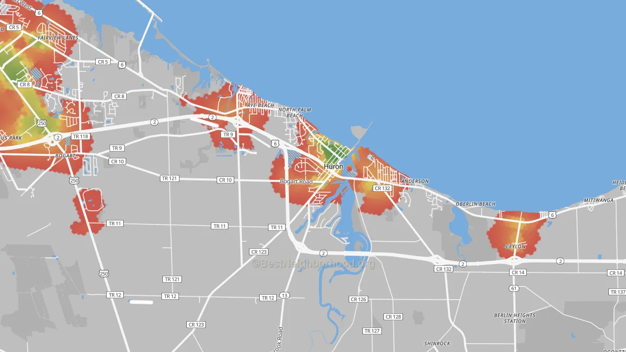 Walk Grade map of 44839, OH, walkable areas in green and car-dependent areas in red