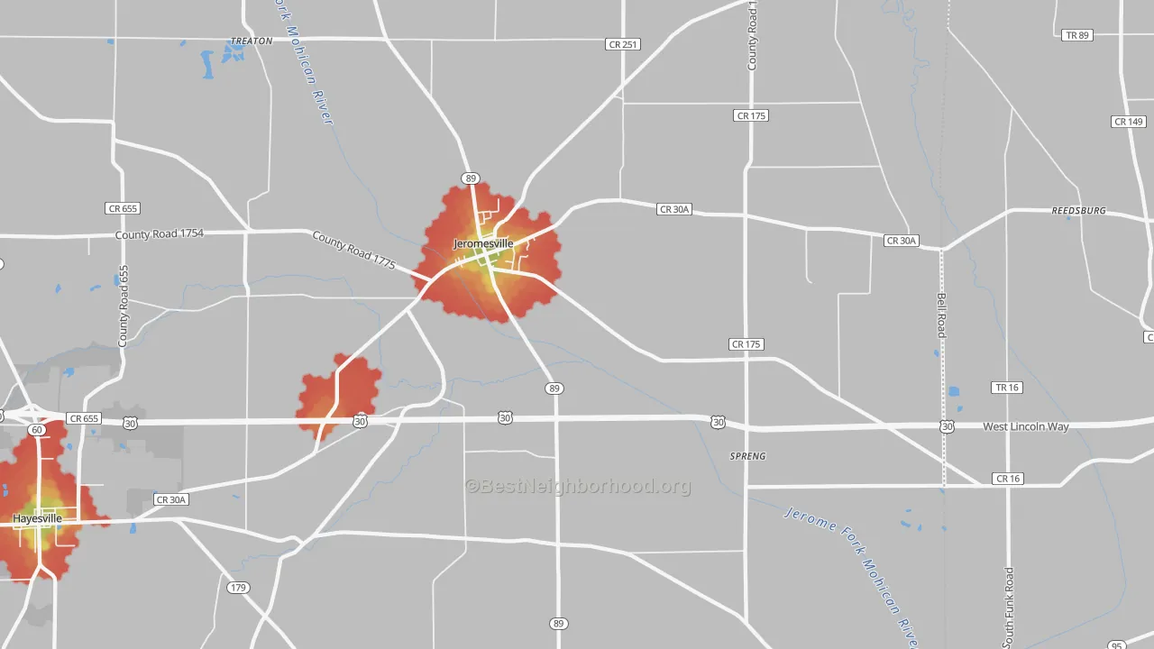 Walk Grade map of 44840, OH, walkable areas in green and car-dependent areas in red