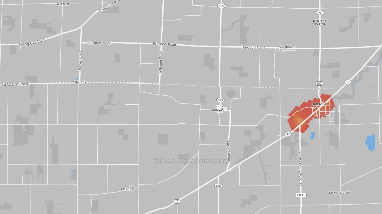 Walk Grade map of 44841, OH, walkable areas in green and car-dependent areas in red