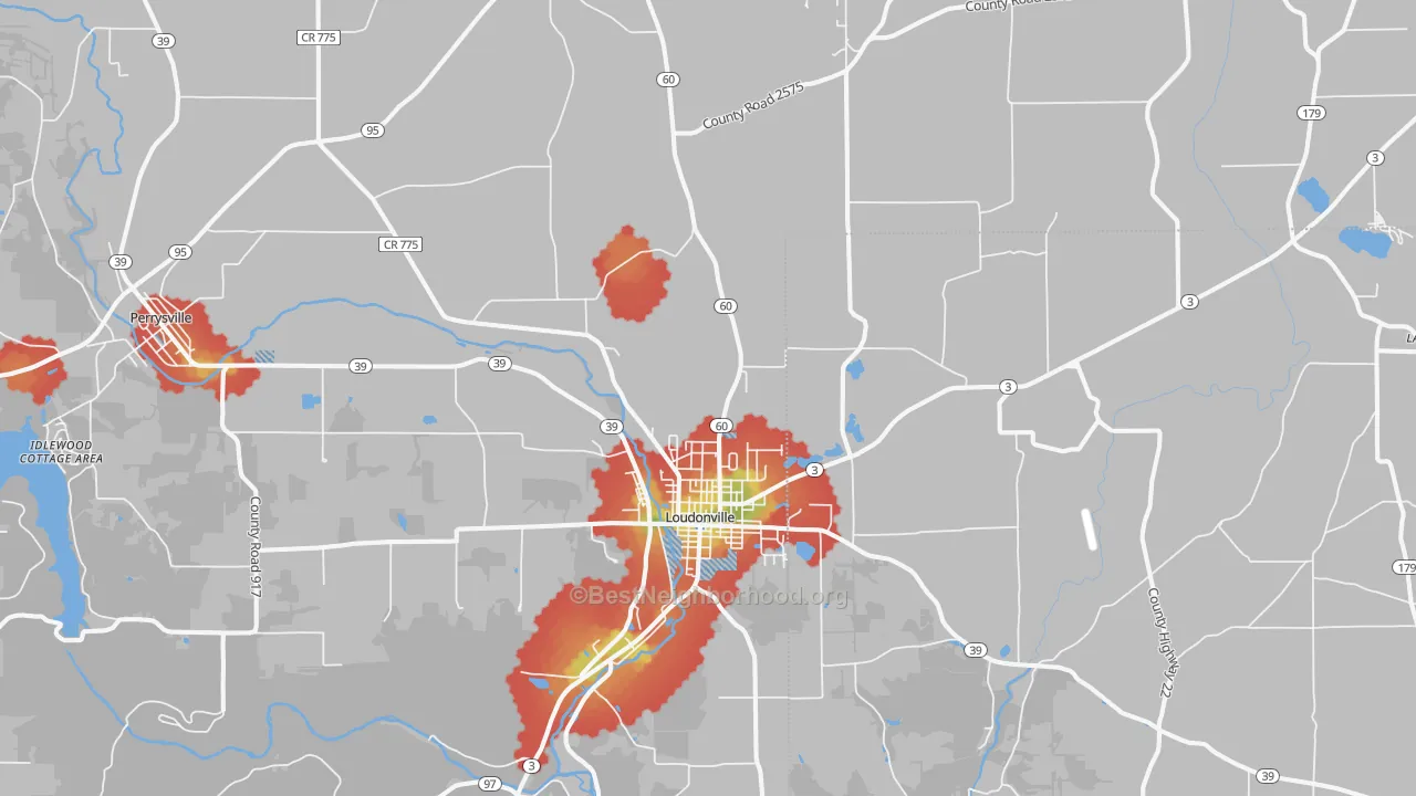 Walk Grade map of 44842, OH, walkable areas in green and car-dependent areas in red