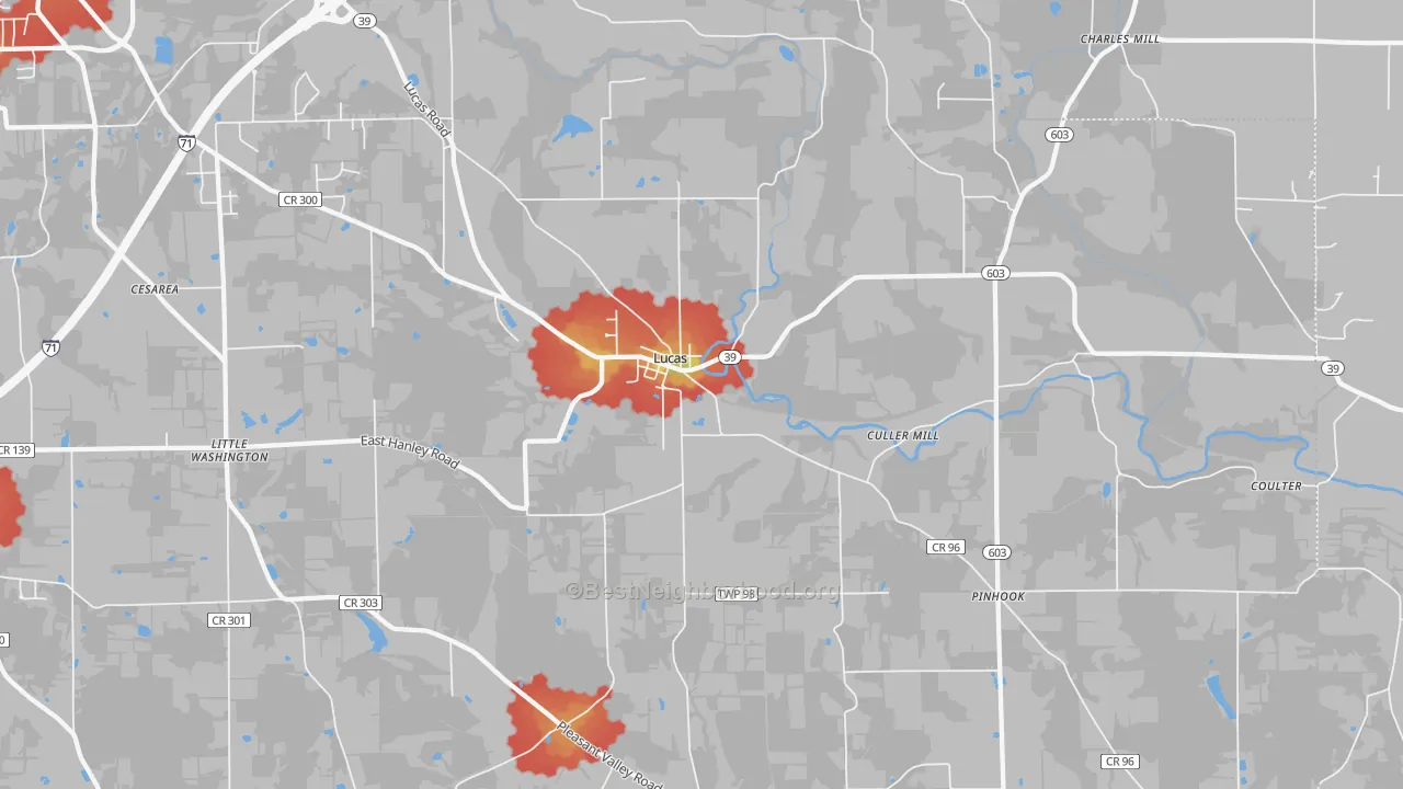 Walk Grade map of 44843, OH, walkable areas in green and car-dependent areas in red