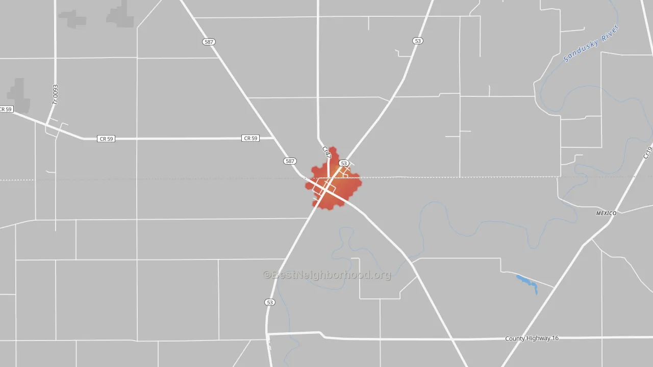 Walk Grade map of 44844, OH, walkable areas in green and car-dependent areas in red