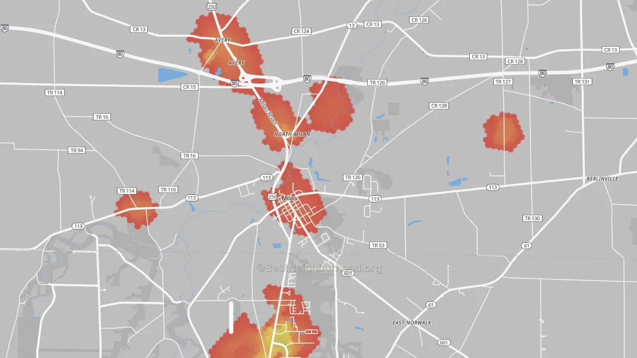 Walk Grade map of 44846, OH, walkable areas in green and car-dependent areas in red
