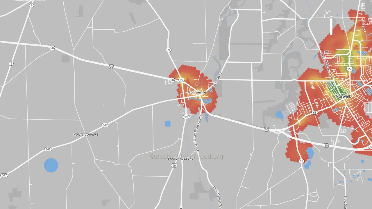 Walk Grade map of 44847, OH, walkable areas in green and car-dependent areas in red