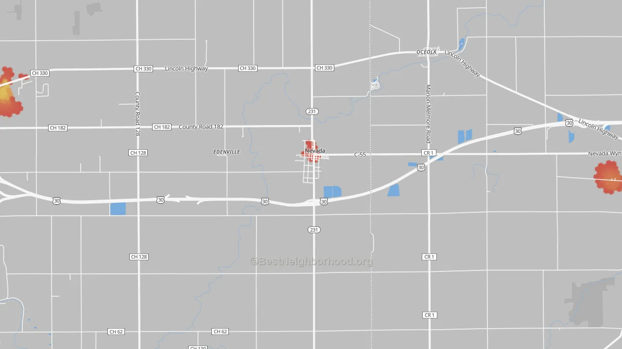 Walk Grade map of 44849, OH, walkable areas in green and car-dependent areas in red