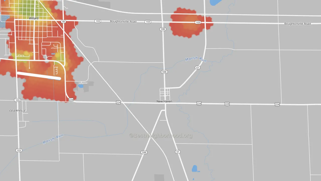 Walk Grade map of 44850, OH, walkable areas in green and car-dependent areas in red