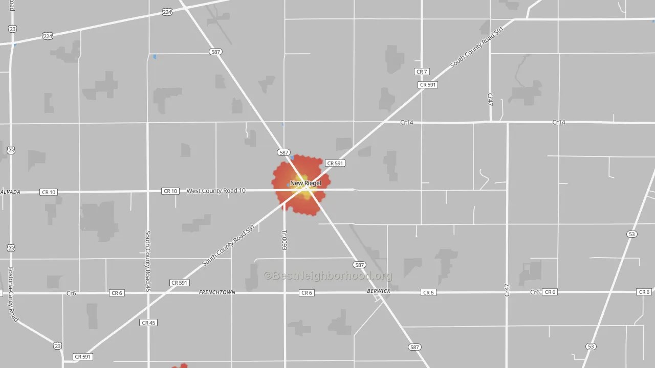 Walk Grade map of 44853, OH, walkable areas in green and car-dependent areas in red