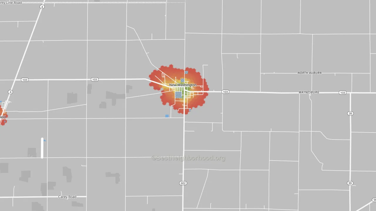 Walk Grade map of 44854, OH, walkable areas in green and car-dependent areas in red