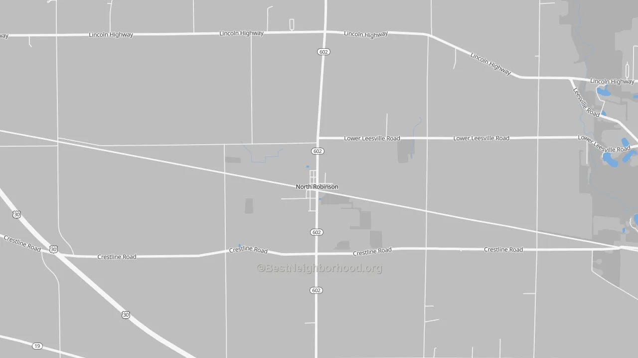 Walk Grade map of 44856, OH, walkable areas in green and car-dependent areas in red