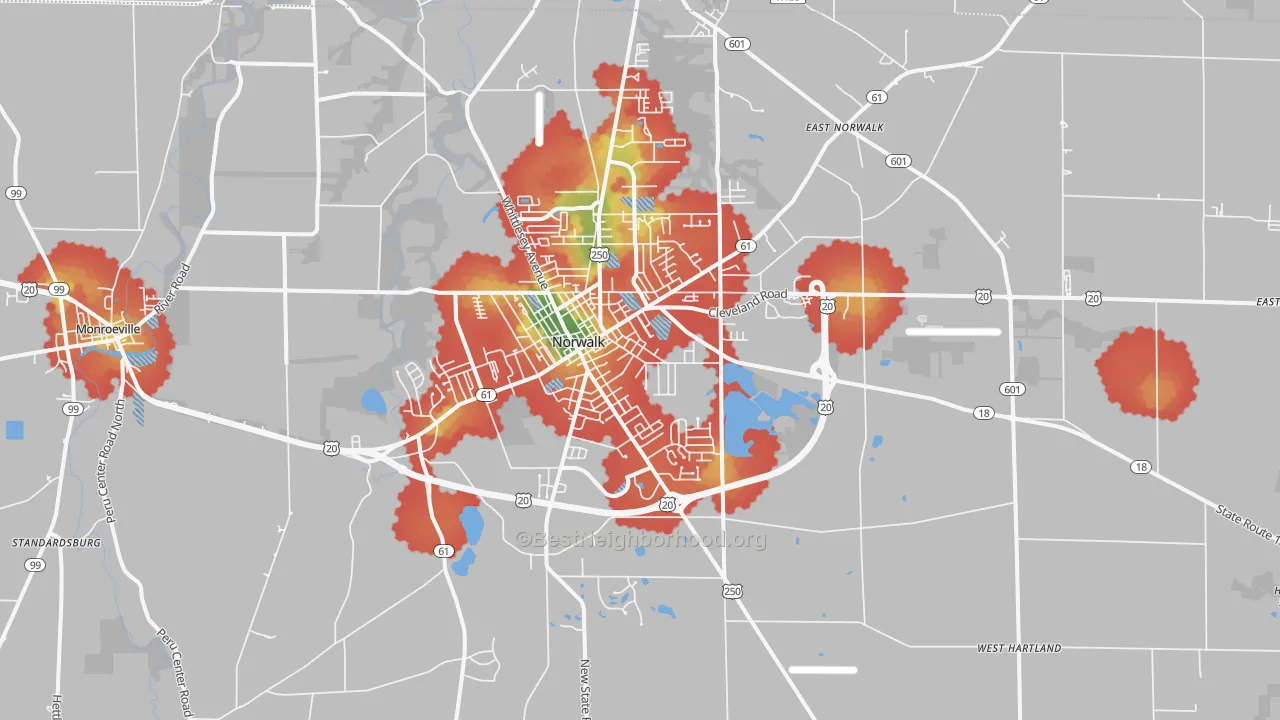 Walk Grade map of 44857, OH, walkable areas in green and car-dependent areas in red