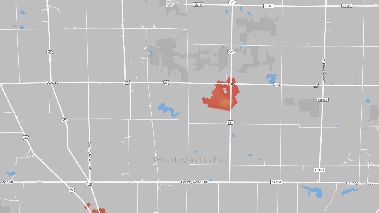 Walk Grade map of 44859, OH, walkable areas in green and car-dependent areas in red