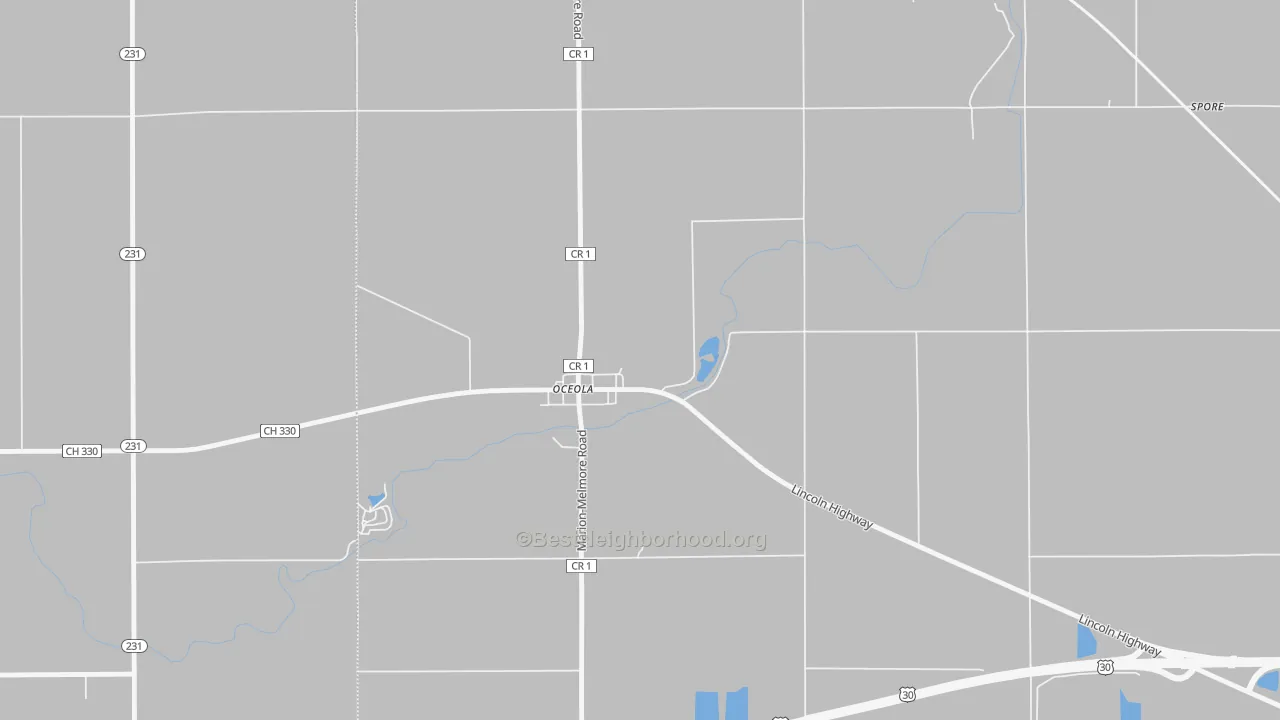 Walk Grade map of 44860, OH, walkable areas in green and car-dependent areas in red