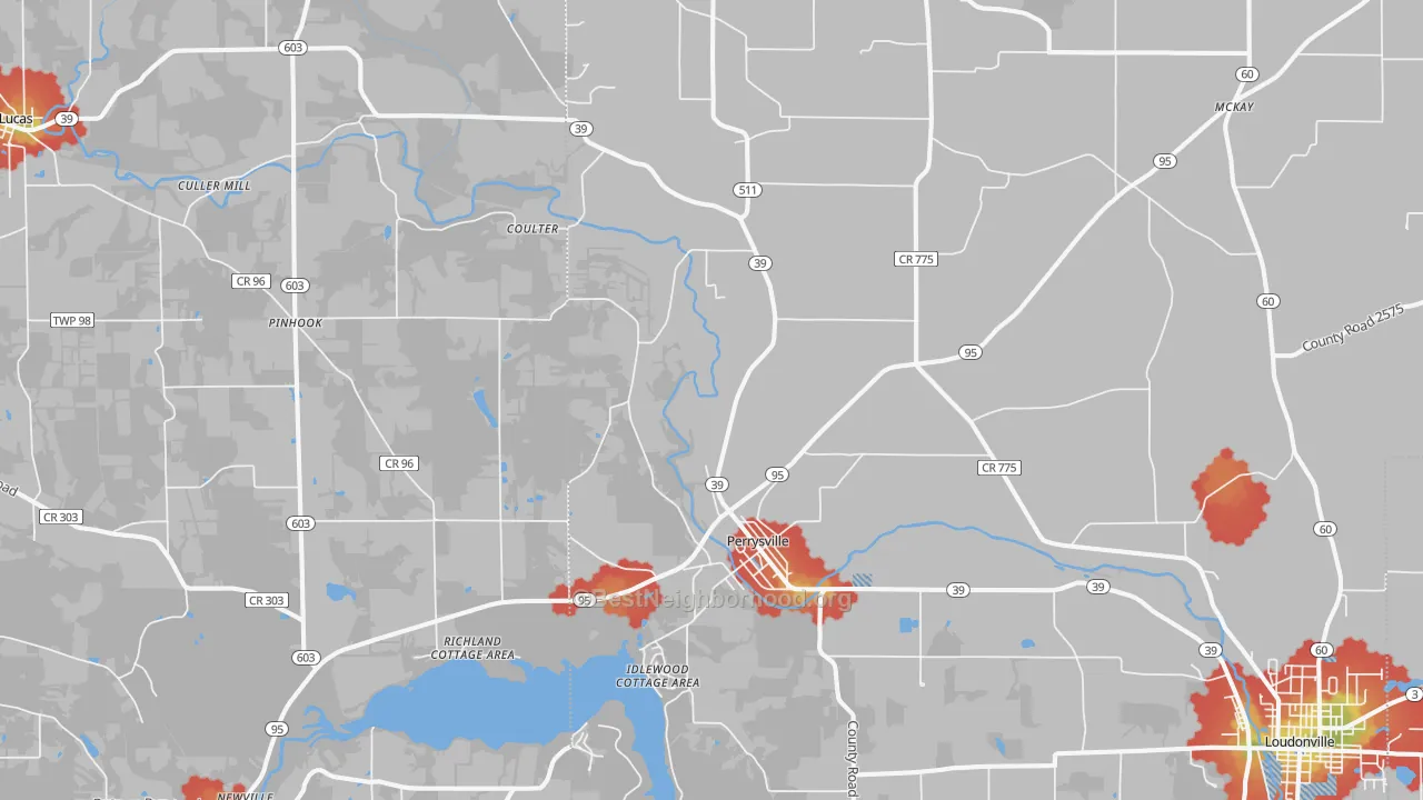 Walk Grade map of 44864, OH, walkable areas in green and car-dependent areas in red