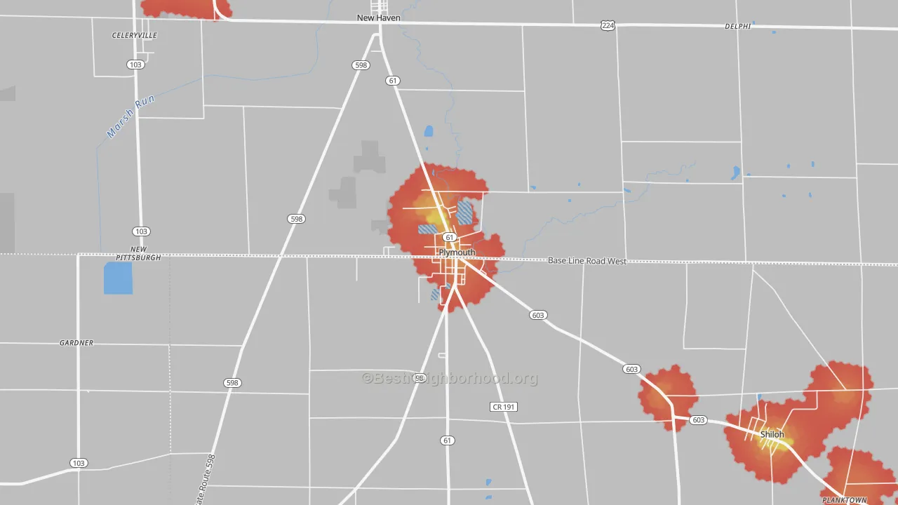 Walk Grade map of 44865, OH, walkable areas in green and car-dependent areas in red