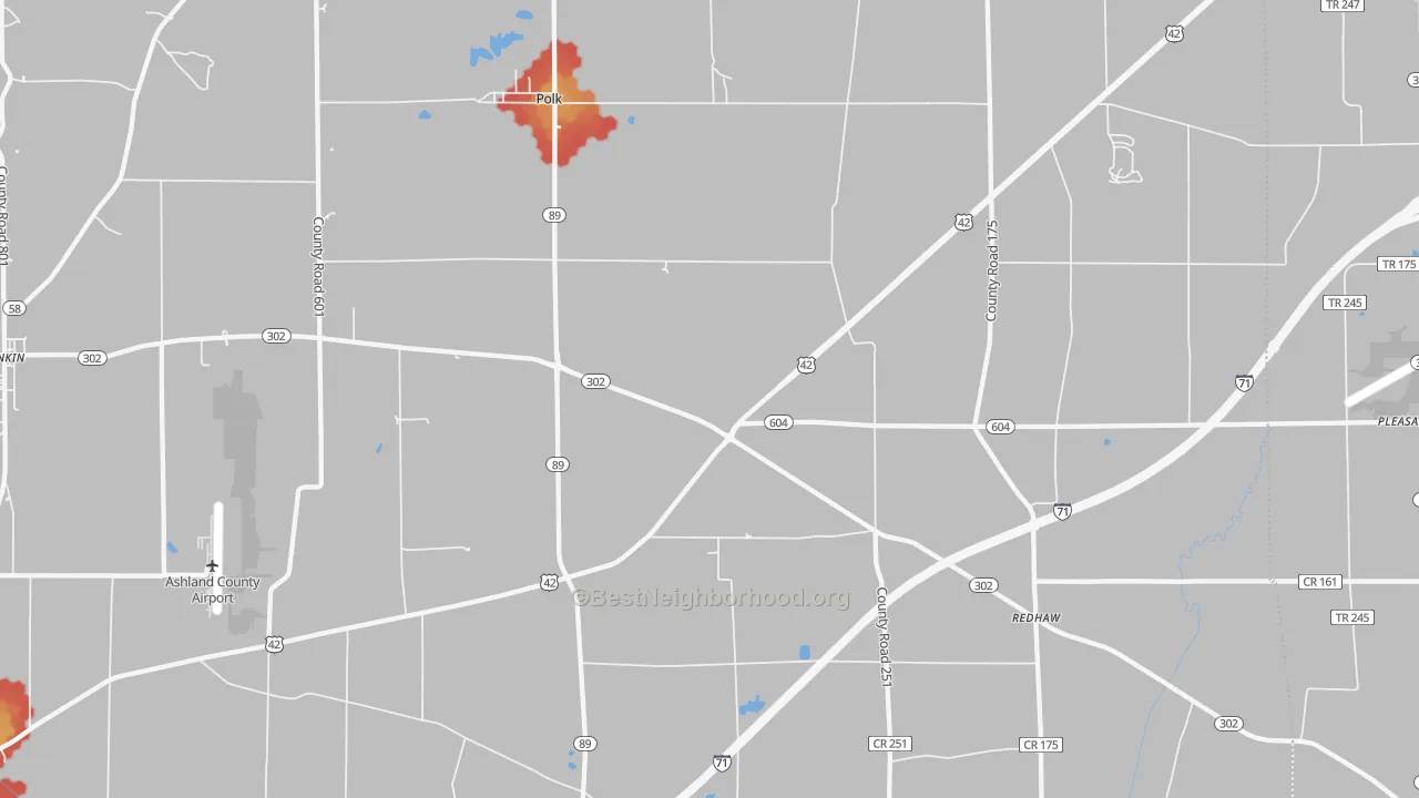 Walk Grade map of 44866, OH, walkable areas in green and car-dependent areas in red