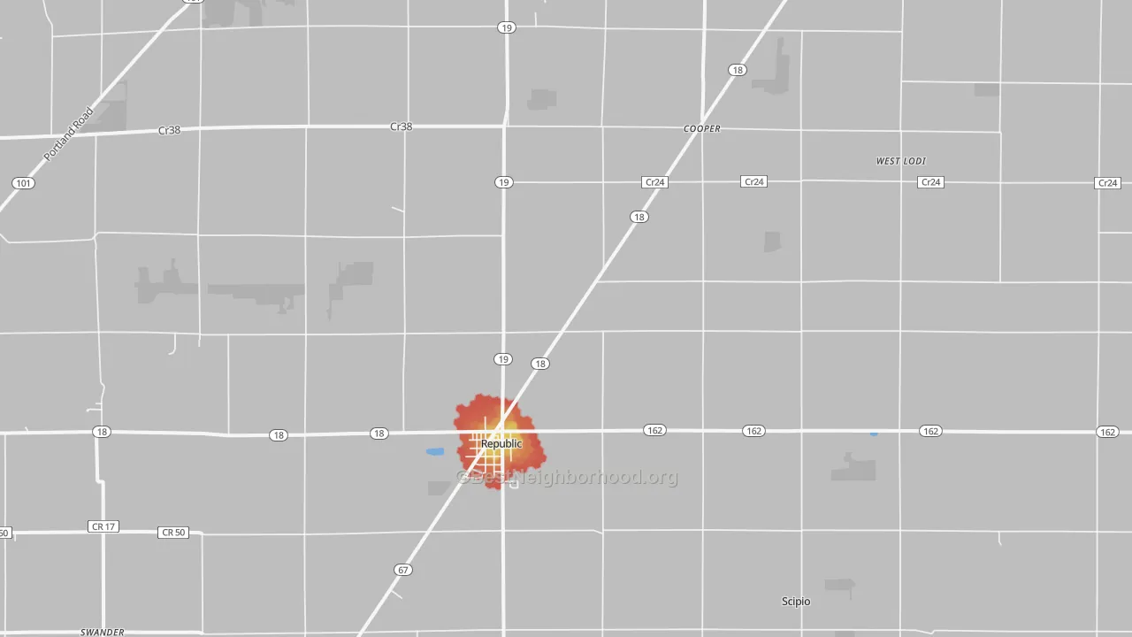 Walk Grade map of 44867, OH, walkable areas in green and car-dependent areas in red