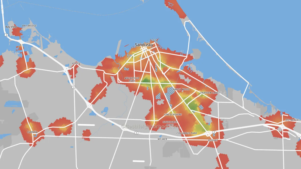 Walk Grade map of 44870, OH, walkable areas in green and car-dependent areas in red