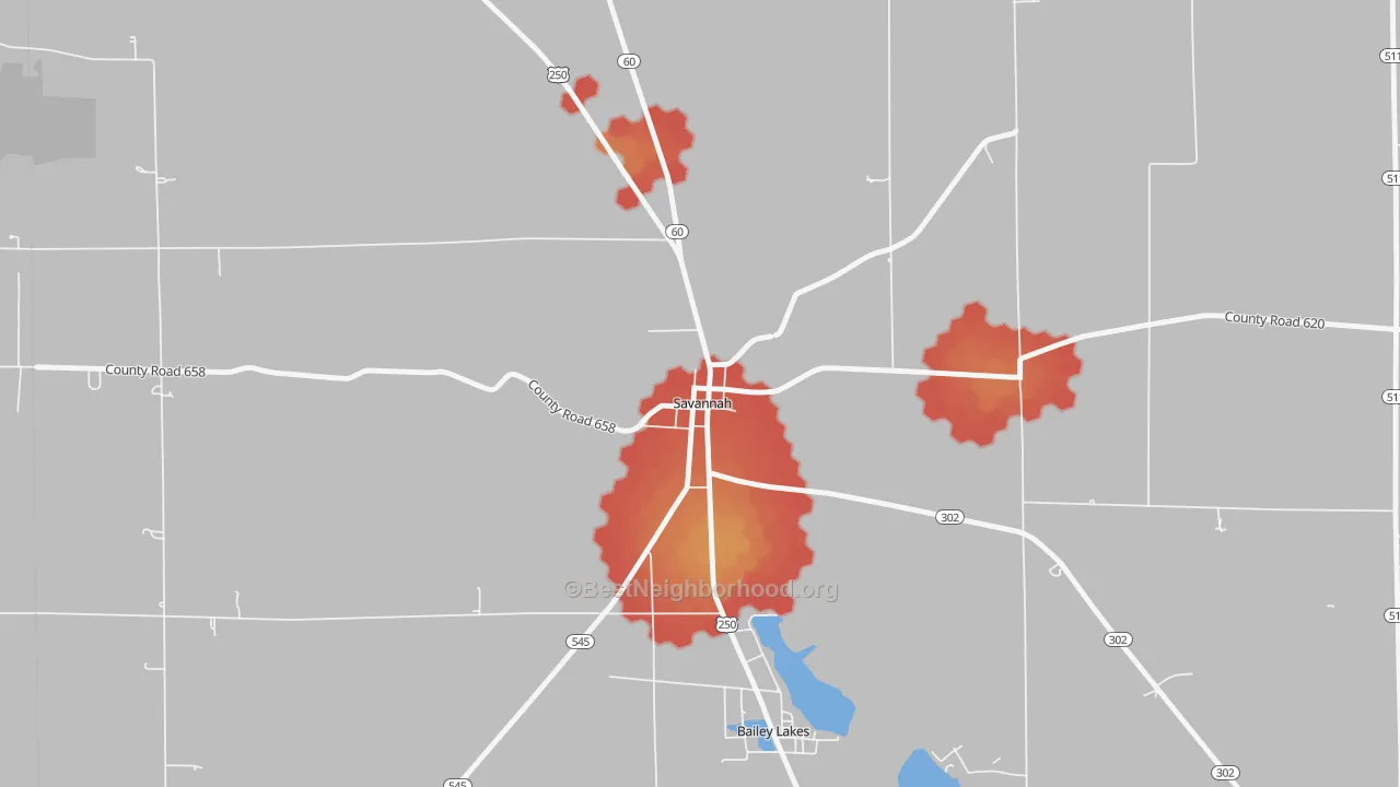 Walk Grade map of 44874, OH, walkable areas in green and car-dependent areas in red