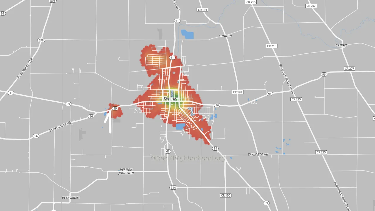 Walk Grade map of 44875, OH, walkable areas in green and car-dependent areas in red