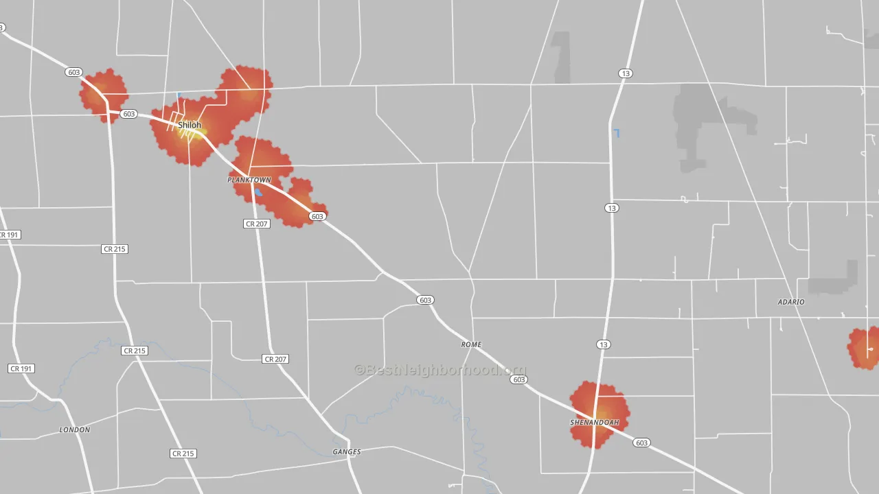 Walk Grade map of 44878, OH, walkable areas in green and car-dependent areas in red