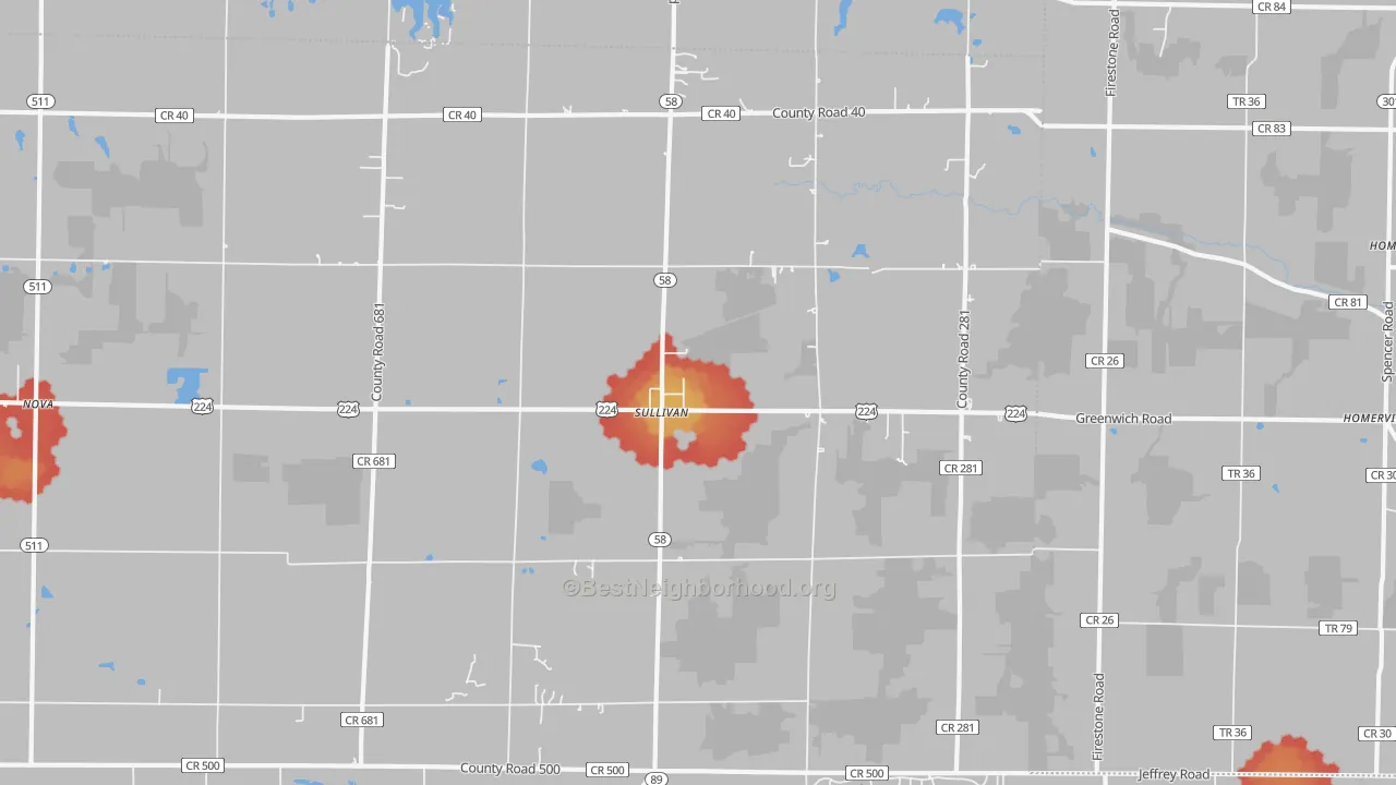 Walk Grade map of 44880, OH, walkable areas in green and car-dependent areas in red