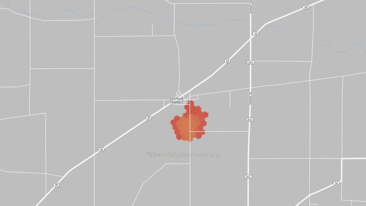 Walk Grade map of 44881, OH, walkable areas in green and car-dependent areas in red