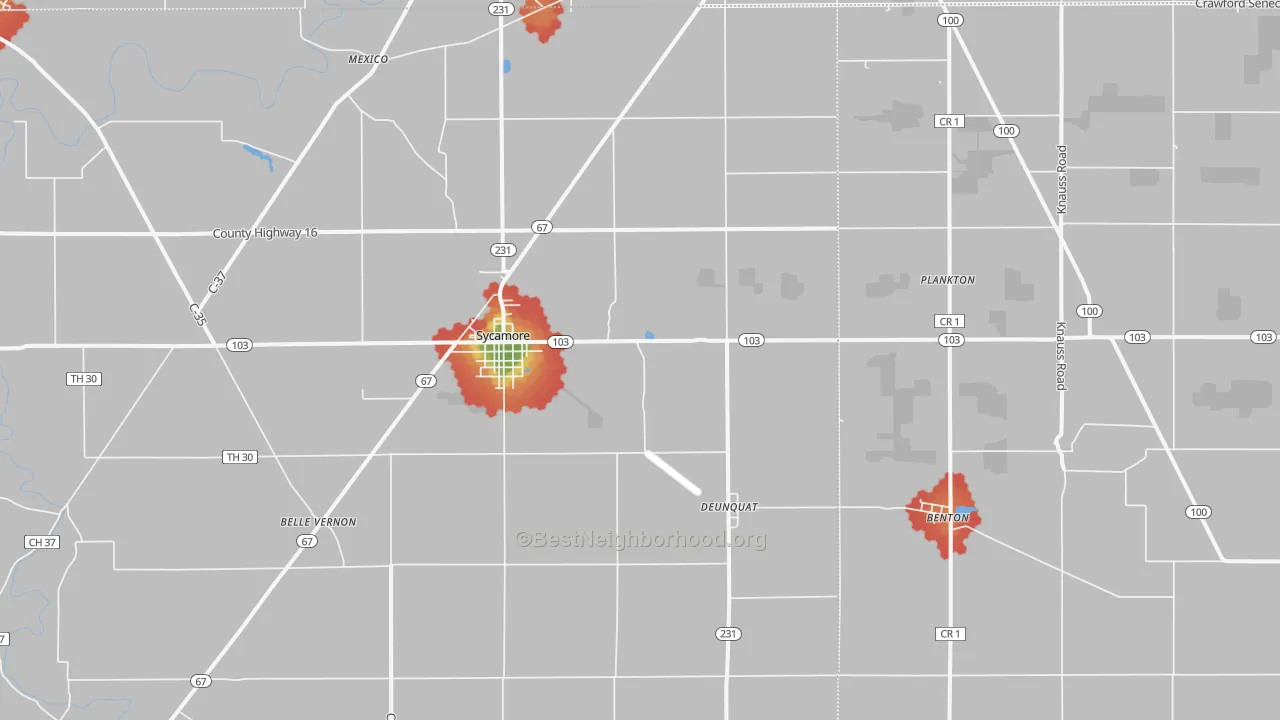 Walk Grade map of 44882, OH, walkable areas in green and car-dependent areas in red