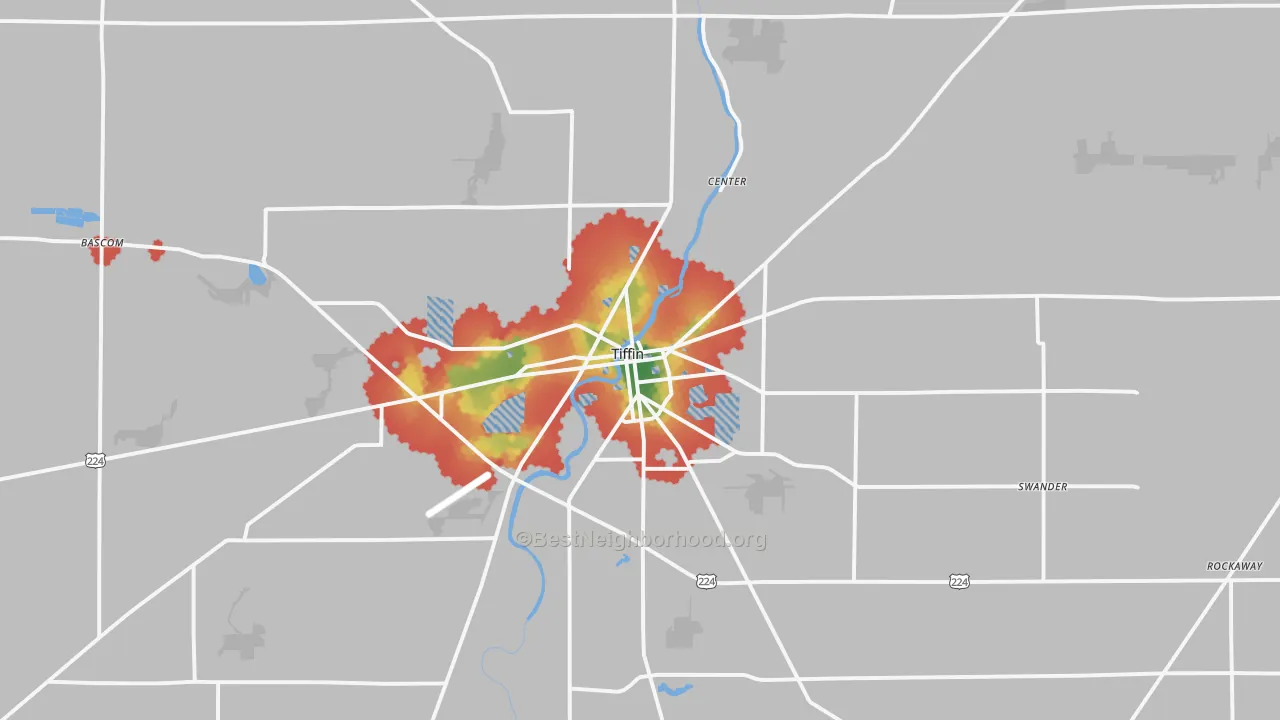 Walk Grade map of 44883, OH, walkable areas in green and car-dependent areas in red
