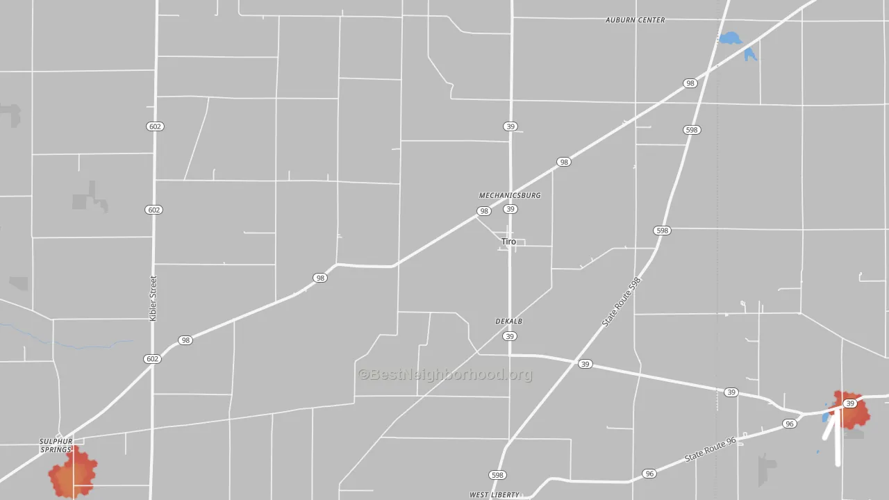 Walk Grade map of 44887, OH, walkable areas in green and car-dependent areas in red