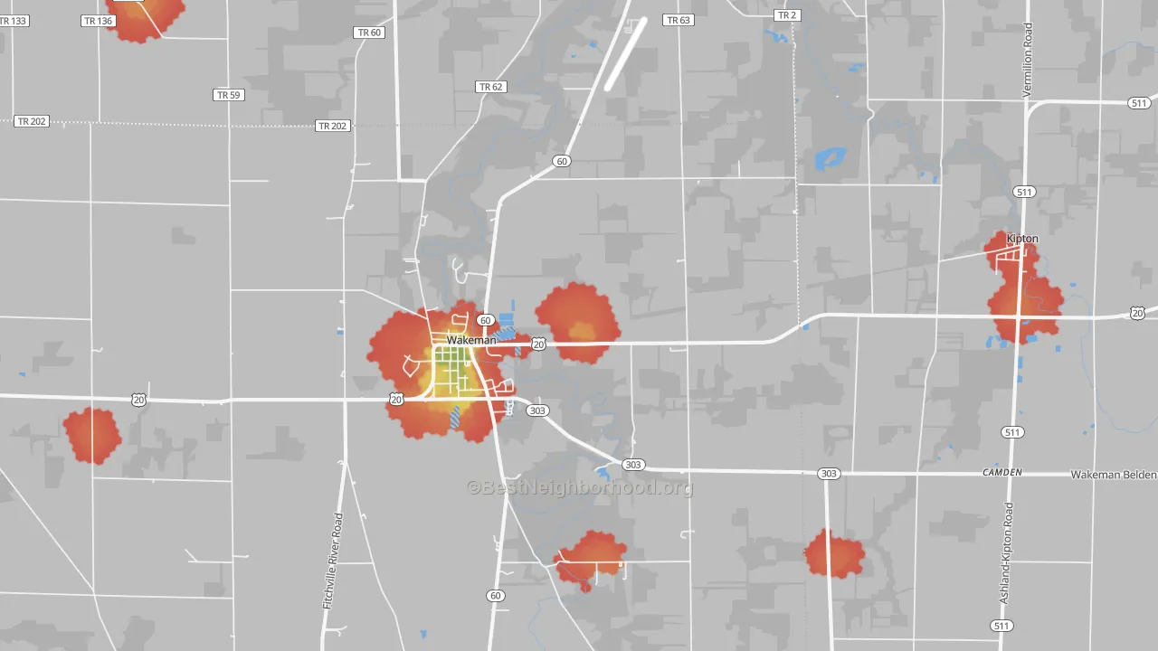 Walk Grade map of 44889, OH, walkable areas in green and car-dependent areas in red
