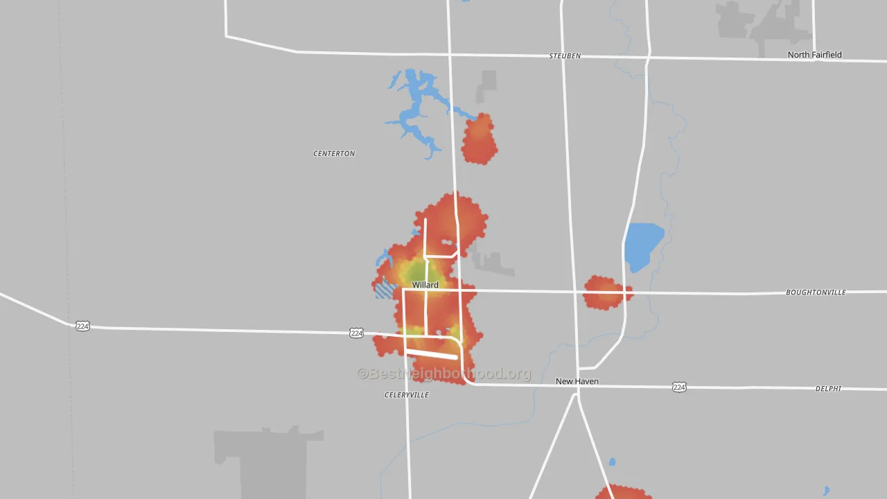 Walk Grade map of 44890, OH, walkable areas in green and car-dependent areas in red