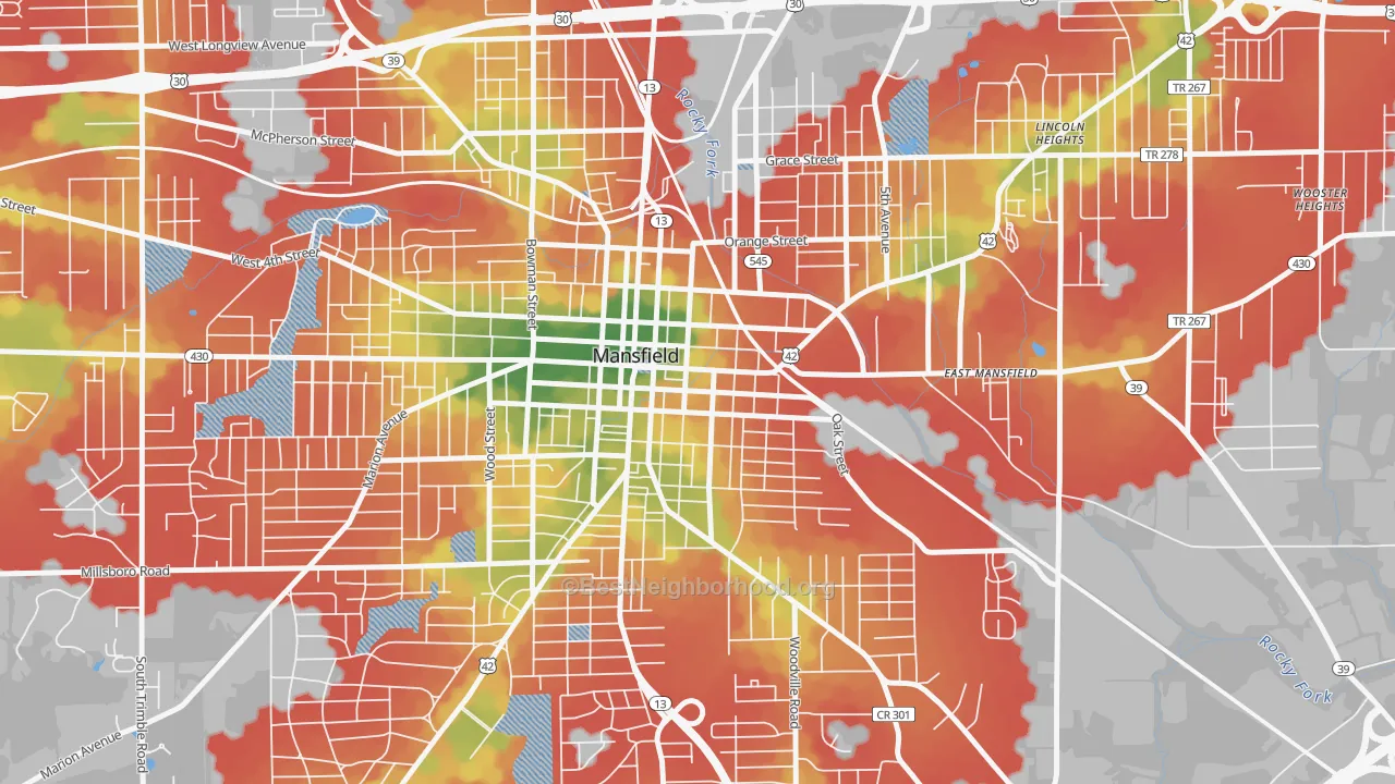 Walk Grade map of 44902, OH, walkable areas in green and car-dependent areas in red