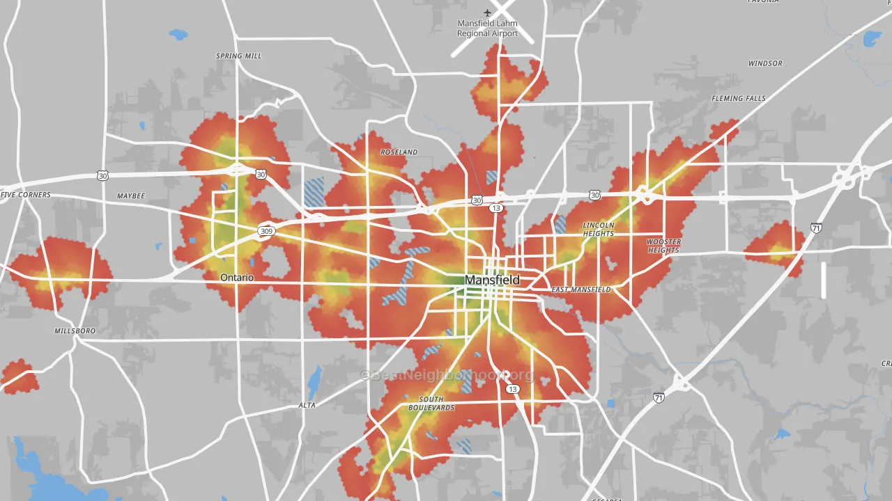 Walk Grade map of 44903, OH, walkable areas in green and car-dependent areas in red
