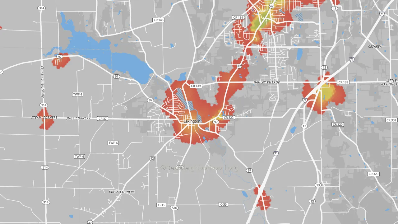 Walk Grade map of 44904, OH, walkable areas in green and car-dependent areas in red