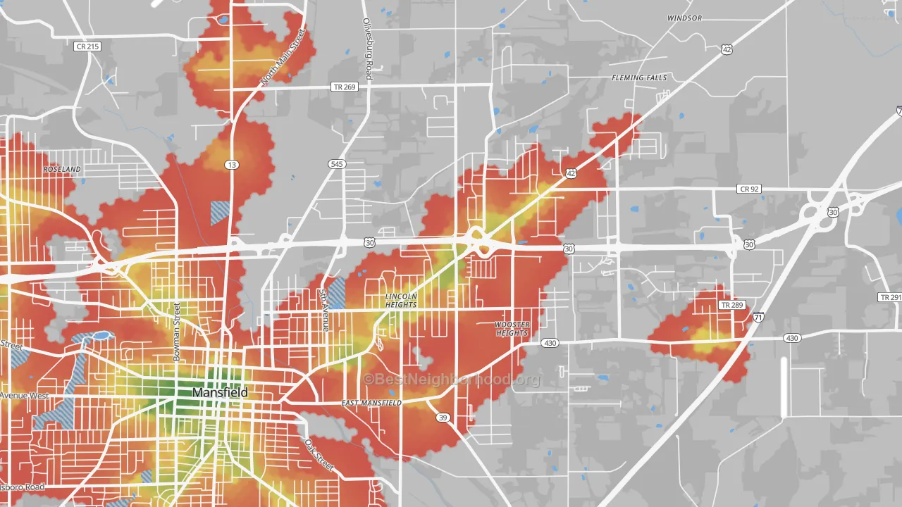 Walk Grade map of 44905, OH, walkable areas in green and car-dependent areas in red