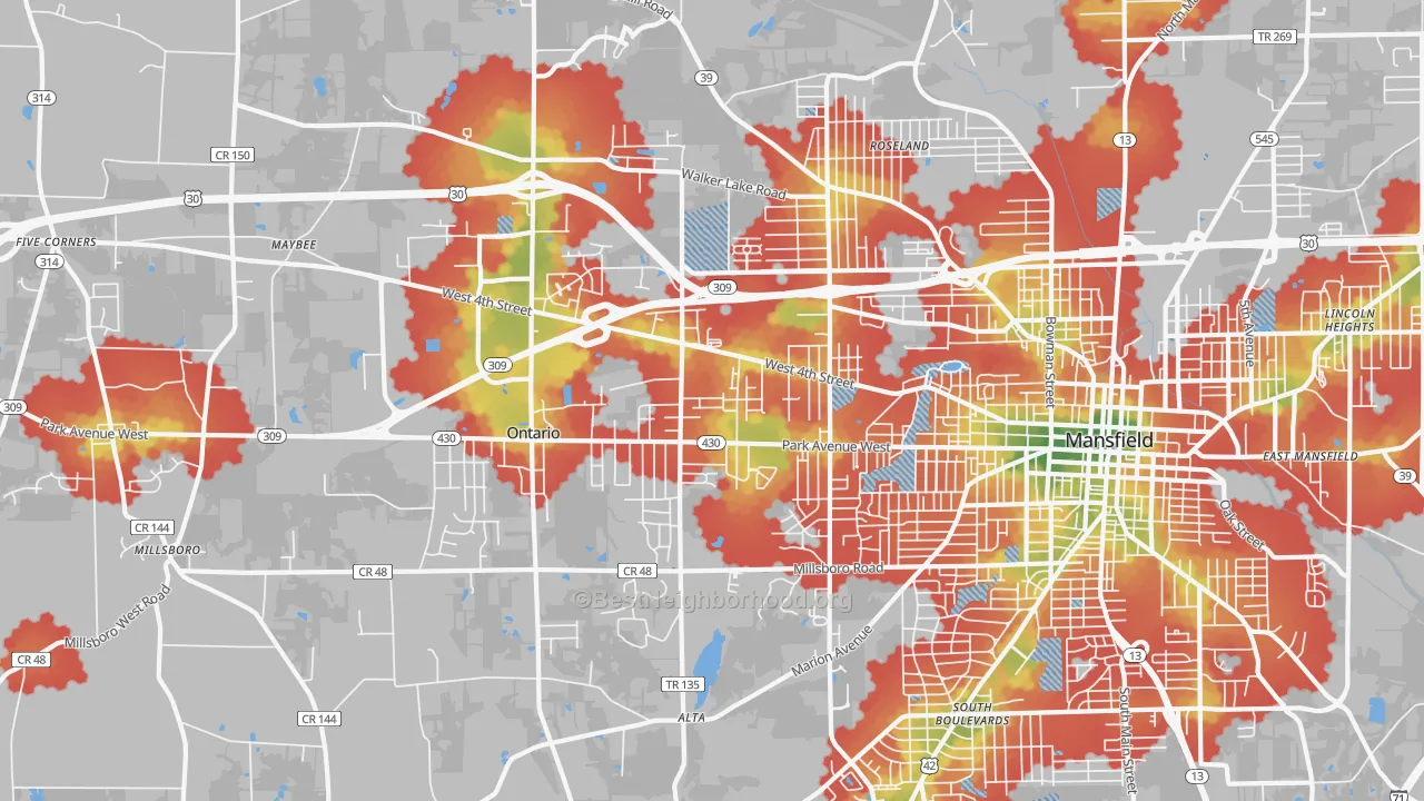 Walk Grade map of 44906, OH, walkable areas in green and car-dependent areas in red