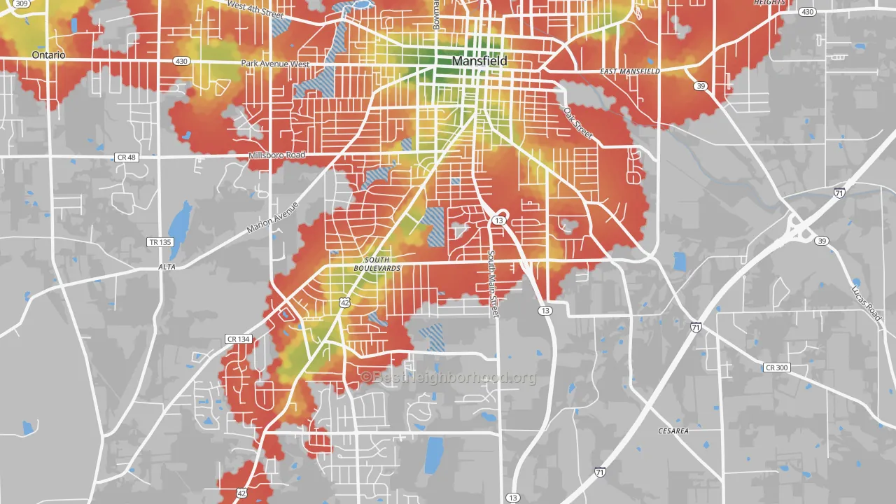 Walk Grade map of 44907, OH, walkable areas in green and car-dependent areas in red