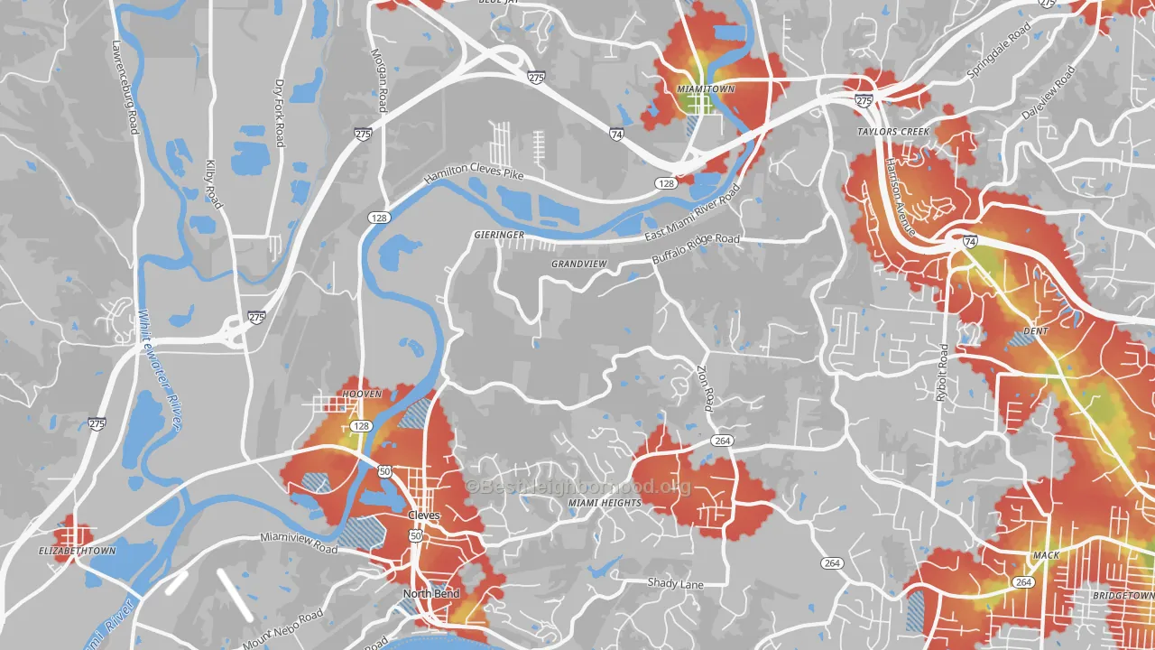 Walk Grade map of 45002, OH, walkable areas in green and car-dependent areas in red