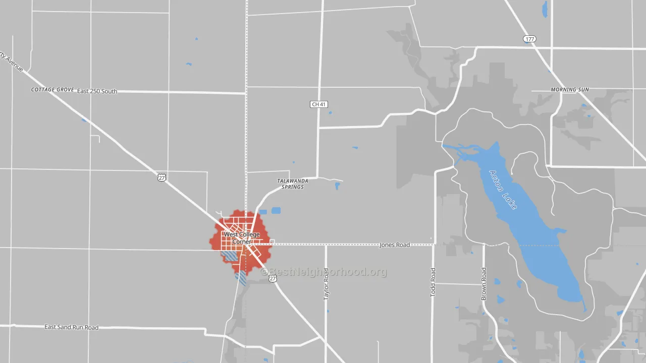 Walk Grade map of 45003, OH, walkable areas in green and car-dependent areas in red