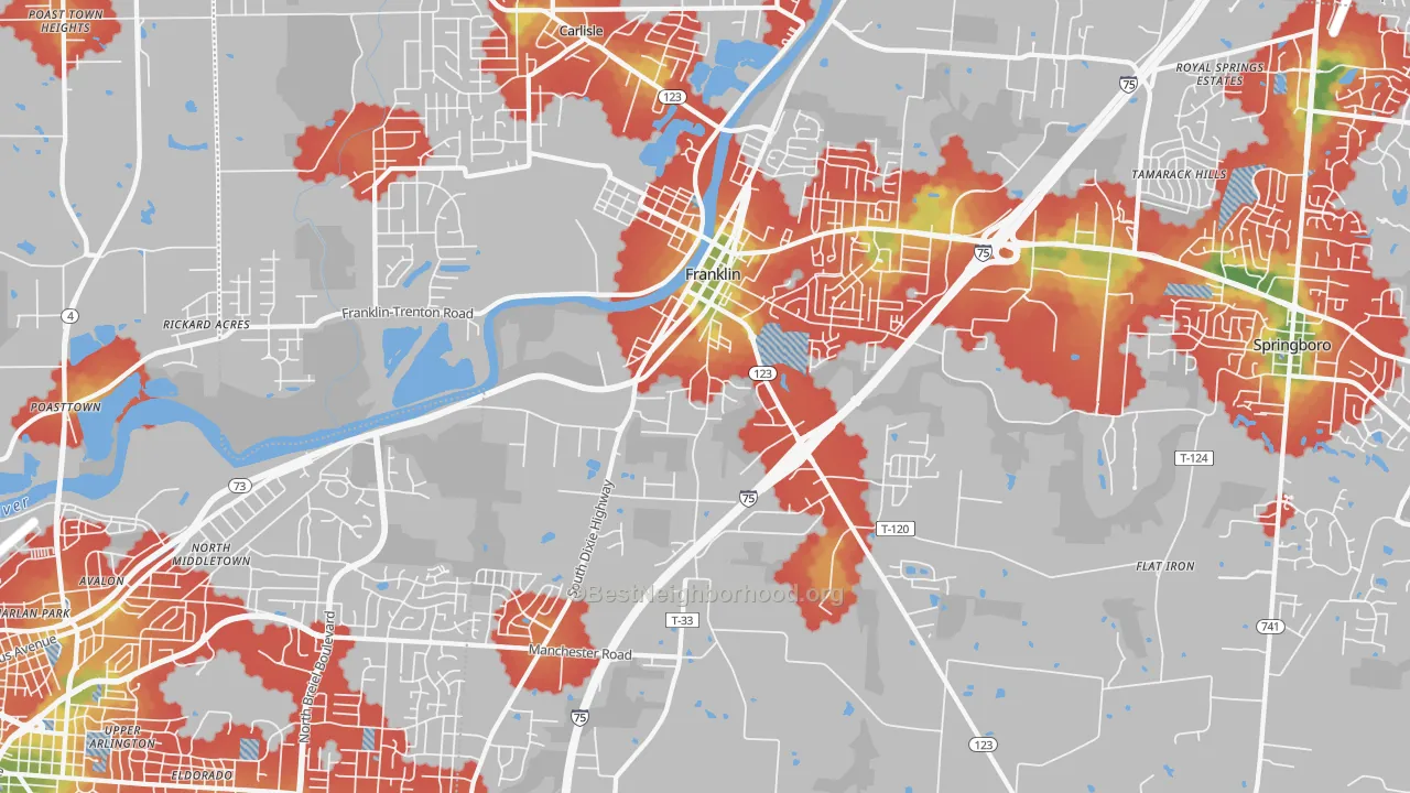 Walk Grade map of 45005, OH, walkable areas in green and car-dependent areas in red